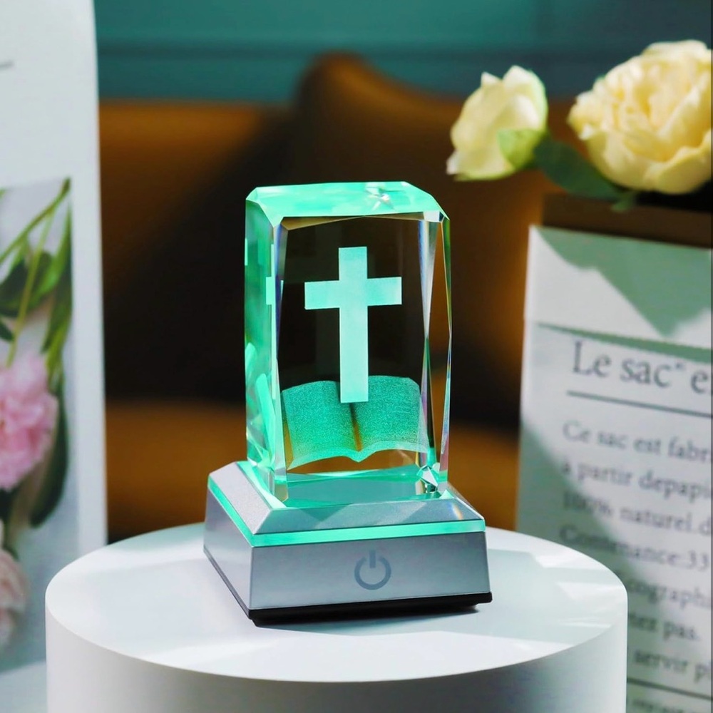 3D Crystal Bible Cross Figurine with Colorful Light Base - Picture 3 of 5